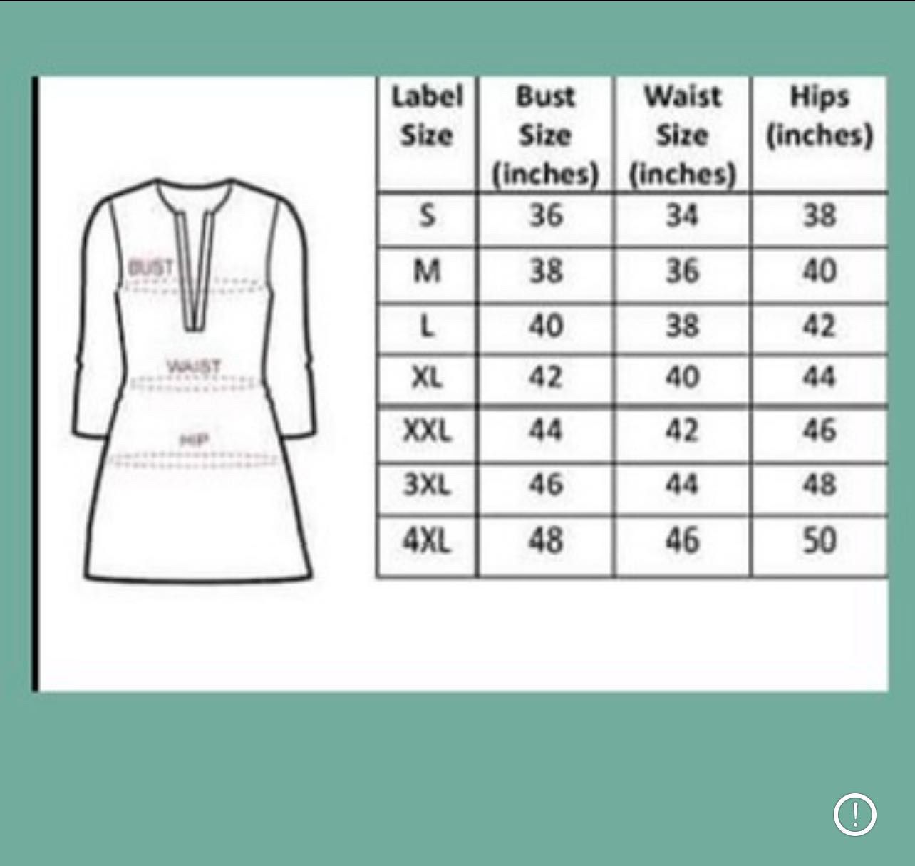 The Kalakaari standard size chart showing bust, waist, and hip measurements for sizes S to 4XL